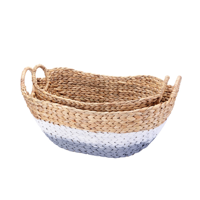 83-dec7093 Tessa Handmade Wicker Water Hyacinth Oval Nesting Baskets, Gray & White - 24 In. & 20 In. - Set Of 2