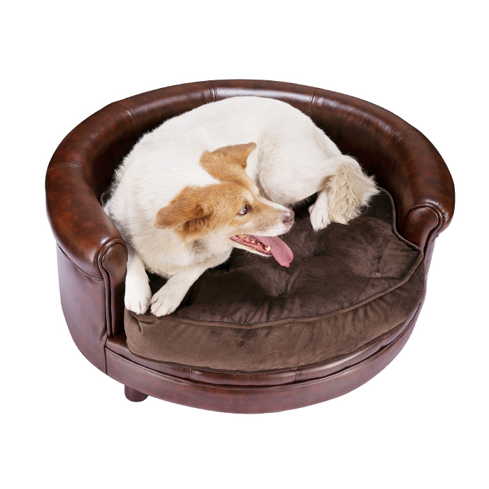 83-dt5364 Chesterfield Faux Leather Large Dog Bed Designer Pet Sofa - Brown