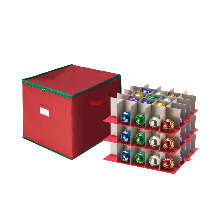 83-dt5535 Large Ornament Storage Chest With Zip Top & 75 Compartments - Stackable Cube In Red