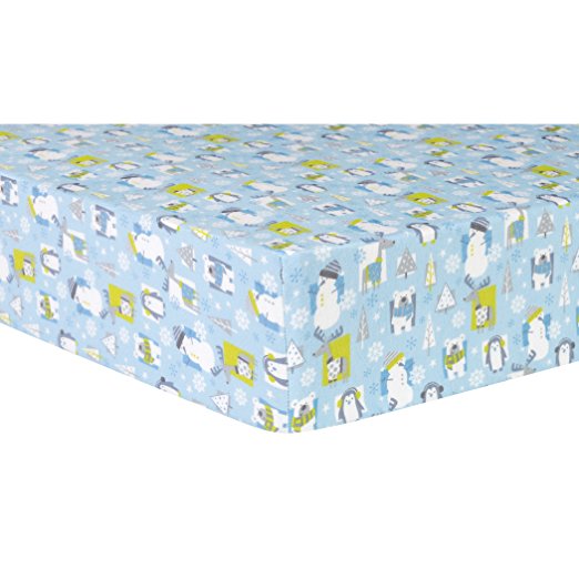 102730 Whim-b Snow Pals Blue Deluxe Flannel Fitted Crib Sheet - Blue, Gray, Green & White<br>