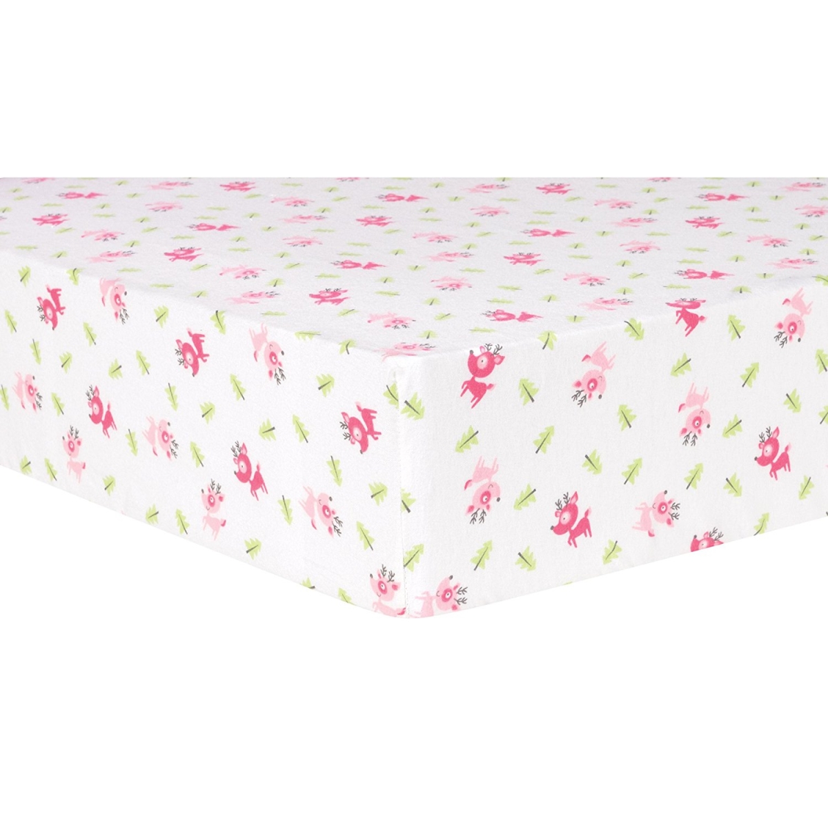 102736 Whim-g Pink Reindeer Deluxe Flannel Fitted Crib Sheet - Gray, Green, Pink & White<br>