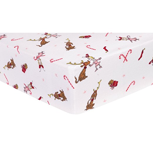 30475 Dr. Seuss Cindy Lou Who & Max Deluxe Flannel Fitted Crib Sheet - Brown, Pink & White<br>