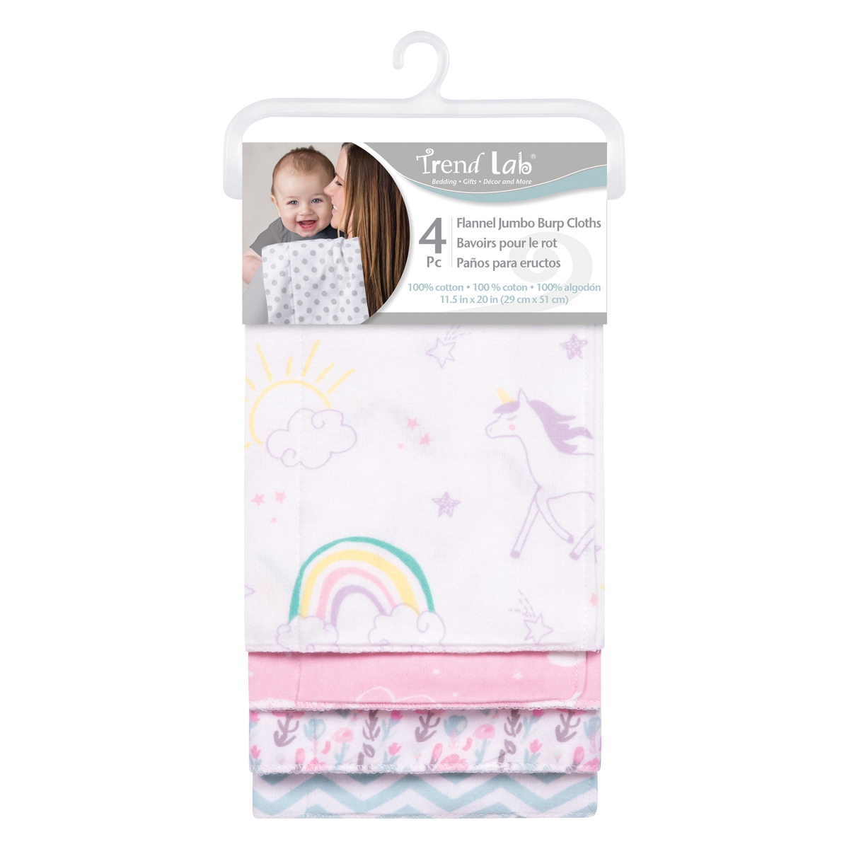 102932 11.5 X 20 In. Unicorn Rainbow Flannel Burp Cloth Set - Assorted Color, Pack Of 4