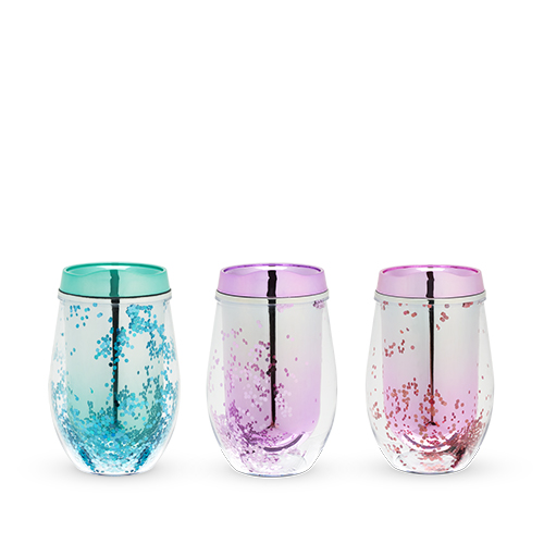 7910 Mermaid Glitter Stemless Wine Tumblers, Assorted Color - Set Of 3