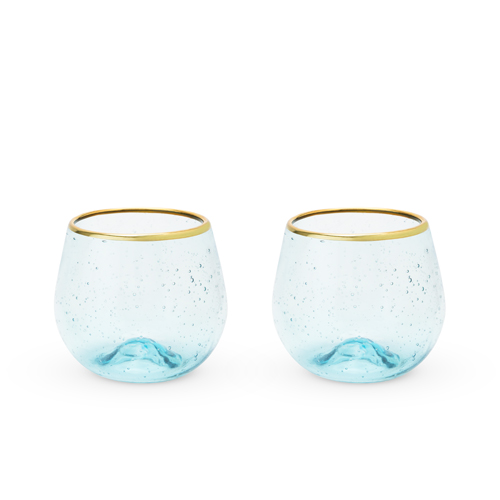 5979 16 Oz Seaside Bubble Stemless Wine Glass Set, Aqua Blue - Set Of 2
