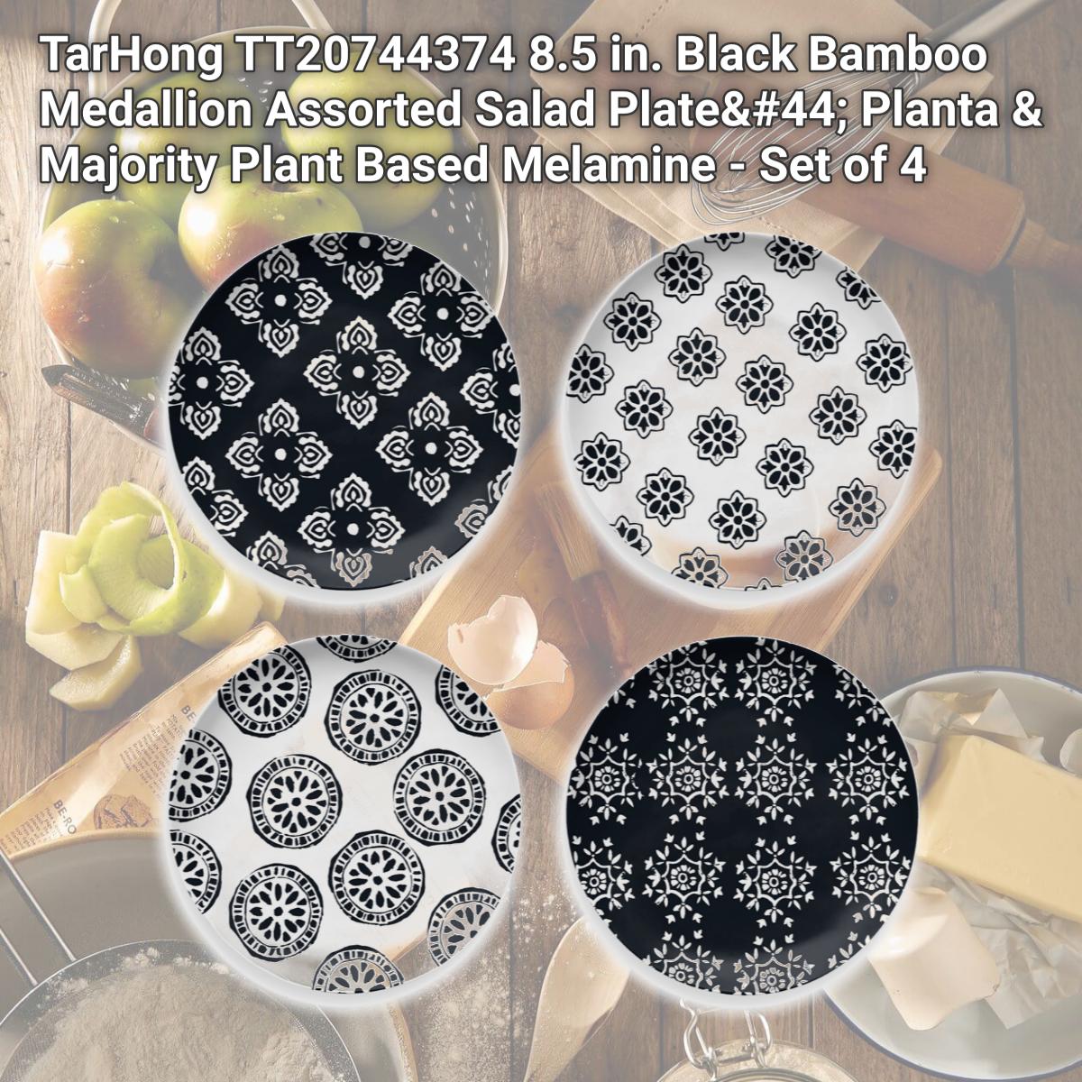 Picture of TarHong TT20744374 8.5 in. Black Bamboo Medallion Assorted Salad Plate, Planta & Majority Plant Based Melamine - Set of 4