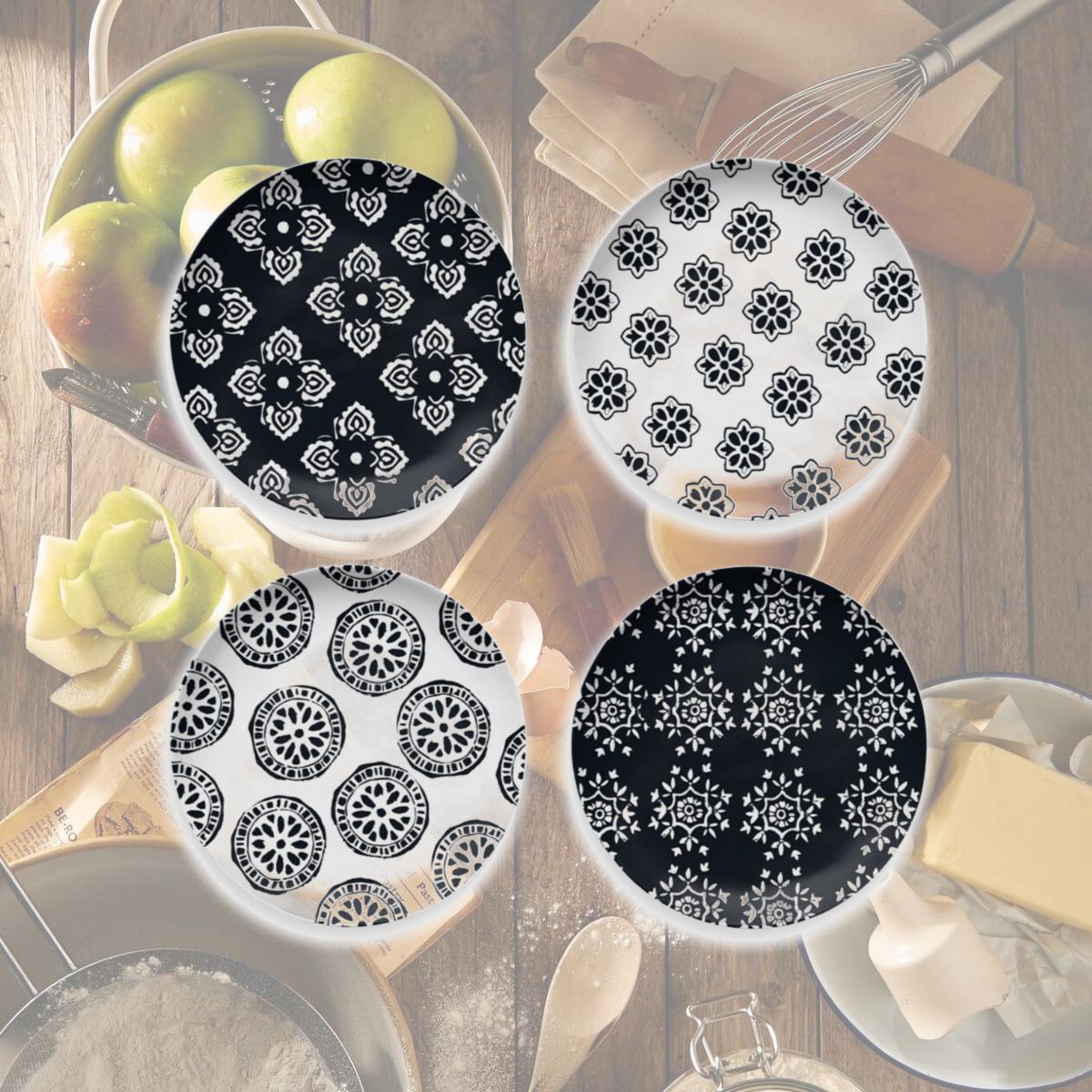Picture of TarHong TT20744374 8.5 in. Black Bamboo Medallion Assorted Salad Plate, Planta & Majority Plant Based Melamine - Set of 4