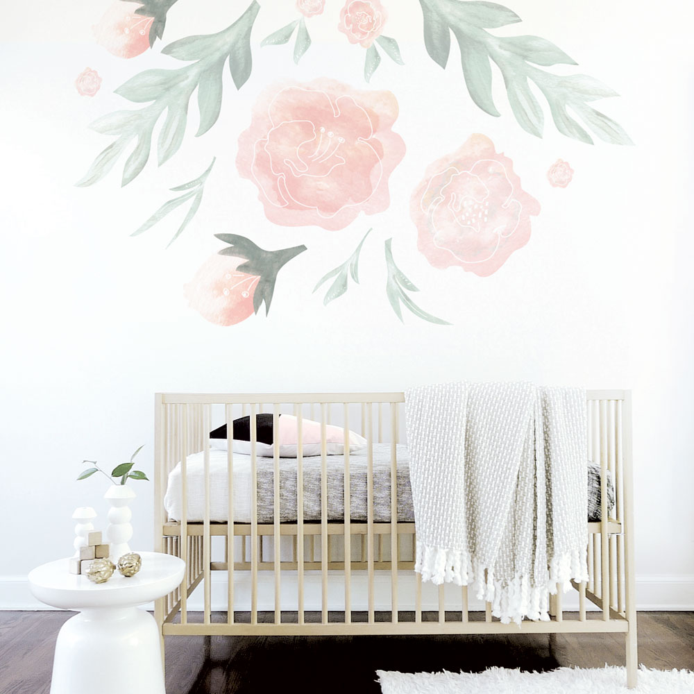 Wd-lf-1 Large Flower Wall Decal - Pink Flowers & Light Grayish With Green Leaves