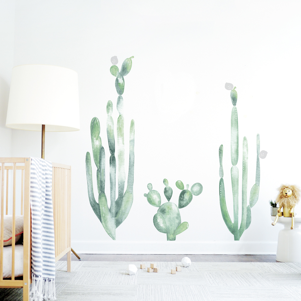 Wd-lc-1 Large Cacti Wall Decal - Mix Of Greens With Light Gray Flowers