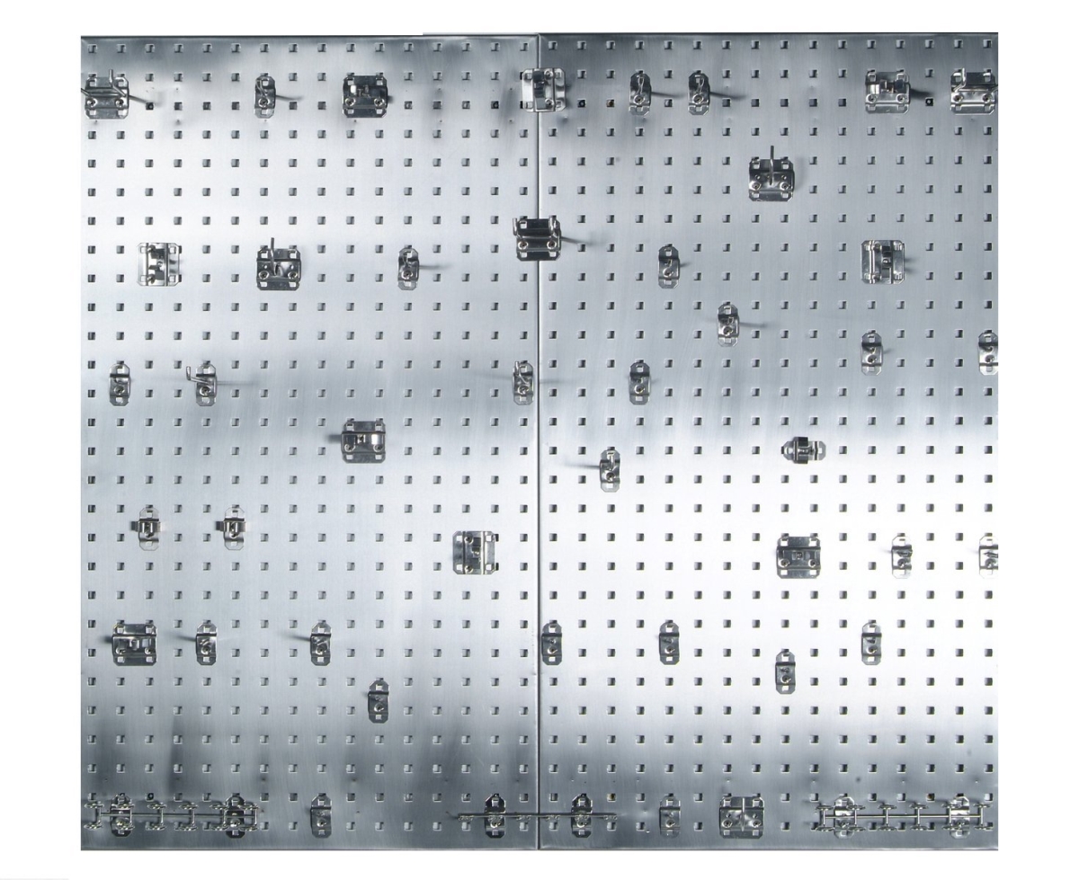 2 24 X 42.5 X 0.562 In. 304 Stainless Steel Square Hole Pegboards With 45 Piece Stainless Loc Hook Assortment With Mounting Hardware