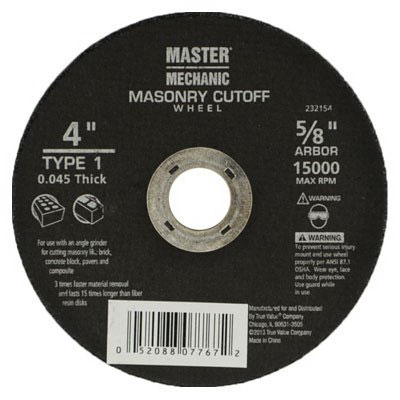 232154 4 X 0.045 X 0.625 In. Master Mechanic Masonry Cutting Wheel