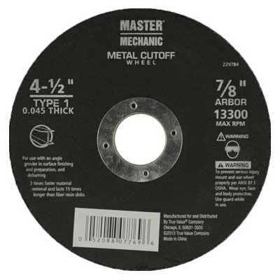 4.5 X 0.045 X 0.875 In. Master Mechanic Thin Metal Cutting Wheel