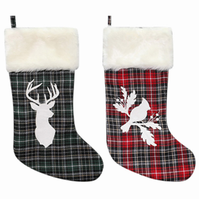 222082 20 In. Plaid Stocking With Green Cuff & Pinecone Pomes