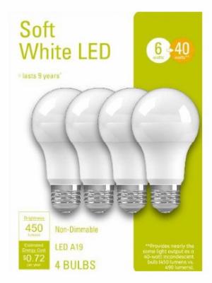 235061 6w A19 Led Light Bulbs, Soft White - Pack Of 4