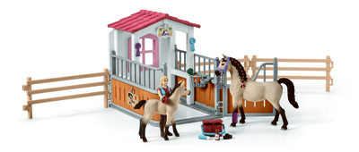 241049 Horse Club Stall With Arabian Horses & Groomer Toy For Ages 3 & Up - Brown