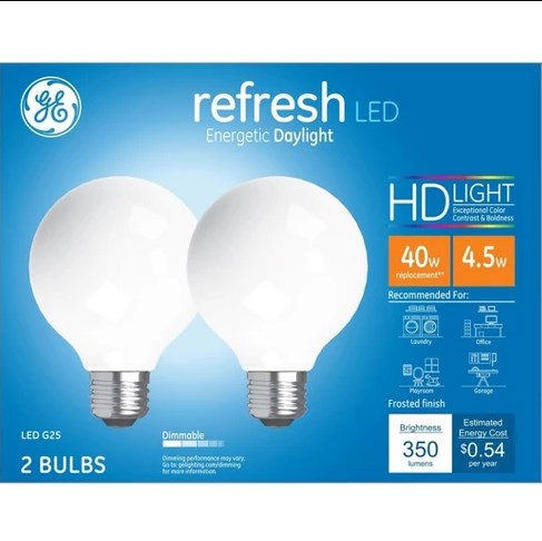 258476 4.5 watt Day G25 Shape White LED Bulb, Daylight - Pack of 2