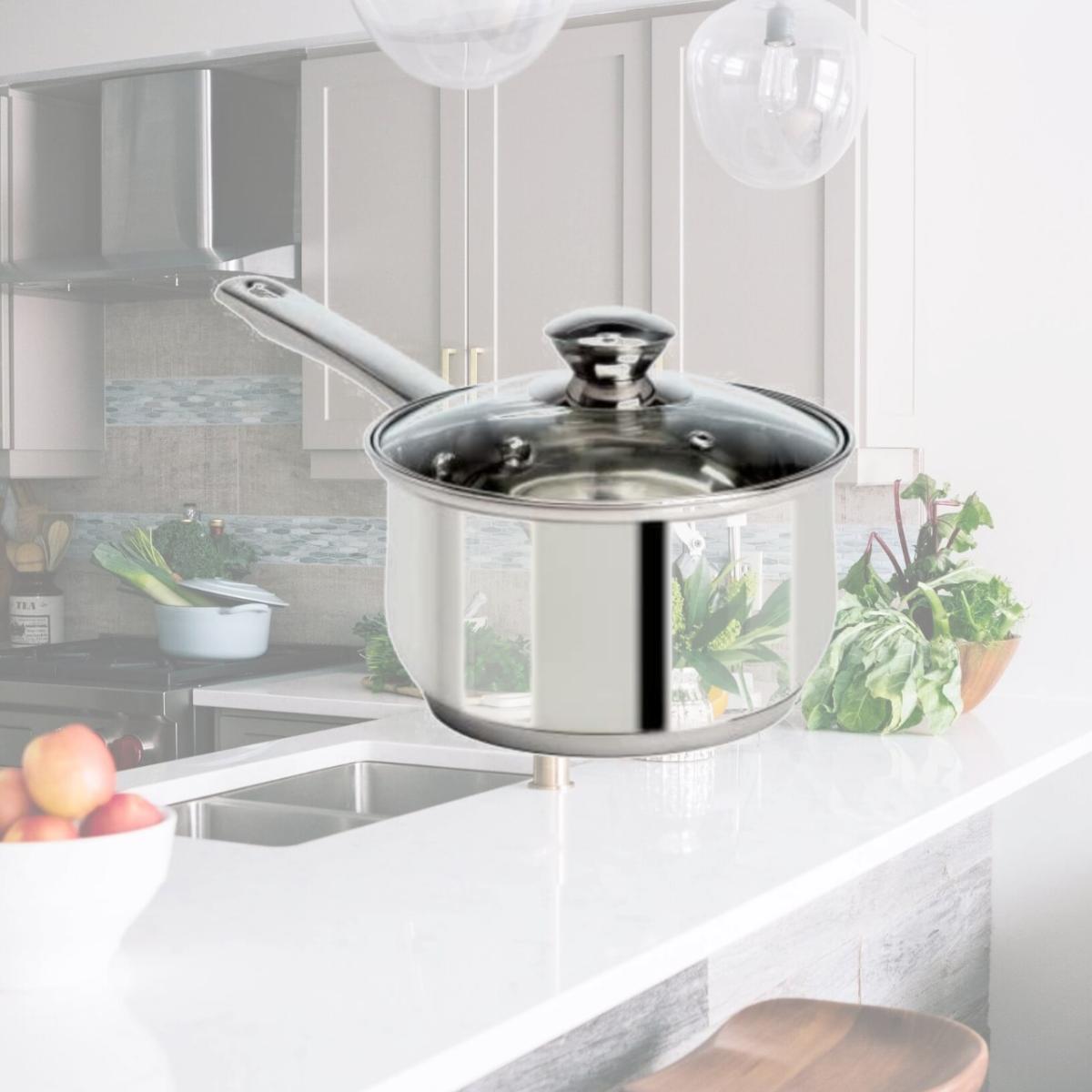 Picture of Epoca International 111424 2 qt. Stainless Steel Saucepan with Glass Lid, Silver