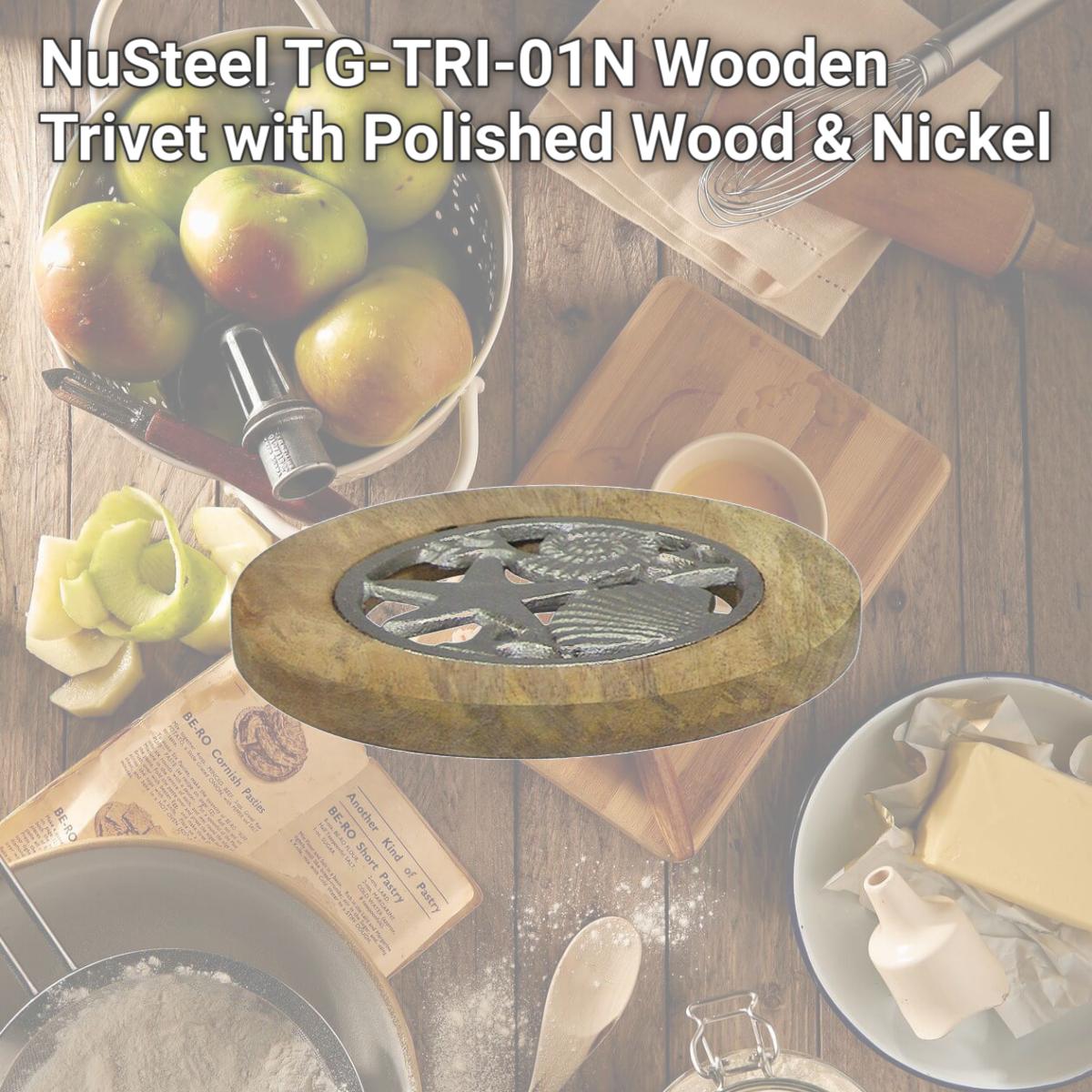 Picture of NuSteel TG-TRI-01N Wooden Trivet with Polished Wood & Nickel