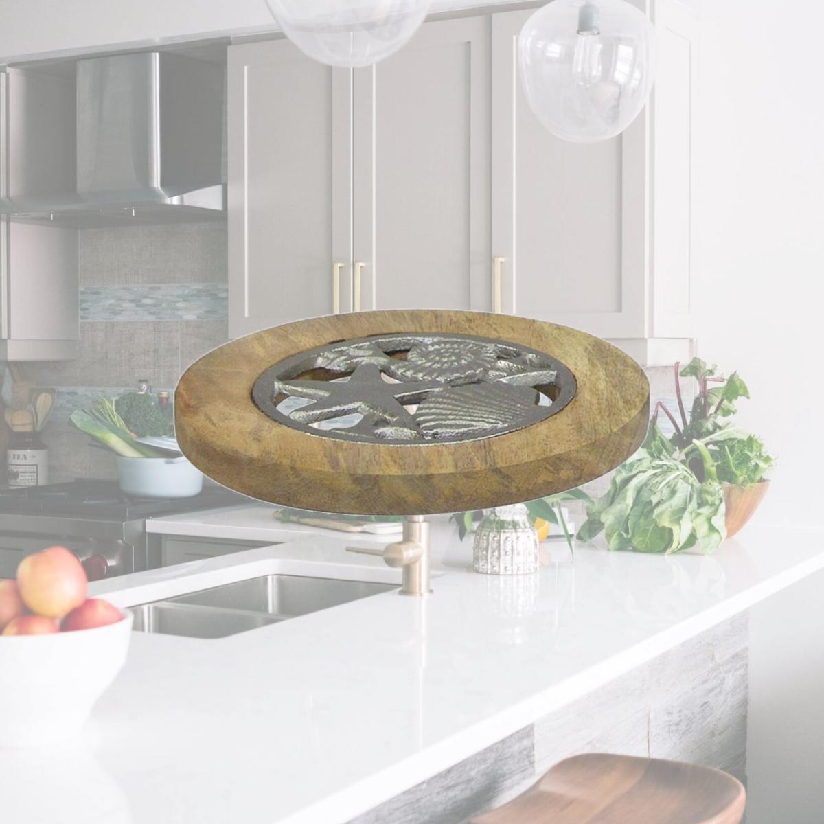 Picture of NuSteel TG-TRI-01N Wooden Trivet with Polished Wood & Nickel