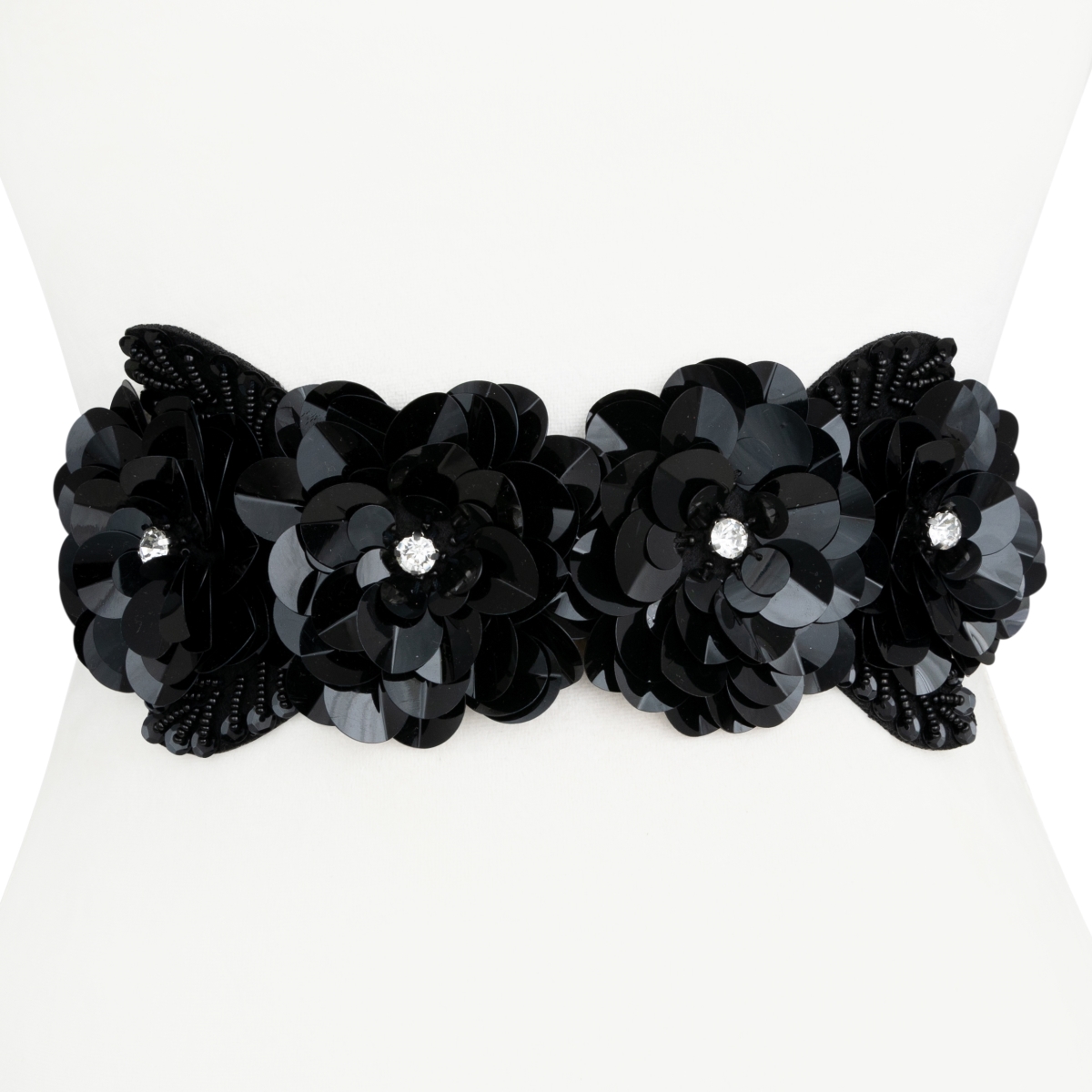 Wc15blk Womens Designer Sequin Floral Stretch Belt, Black - Small & Medium