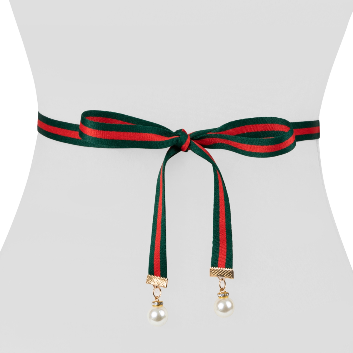 Wj41gr Womens Designer Pearl Ribbon Belt, Green & Red - Extra Small & Extra Large