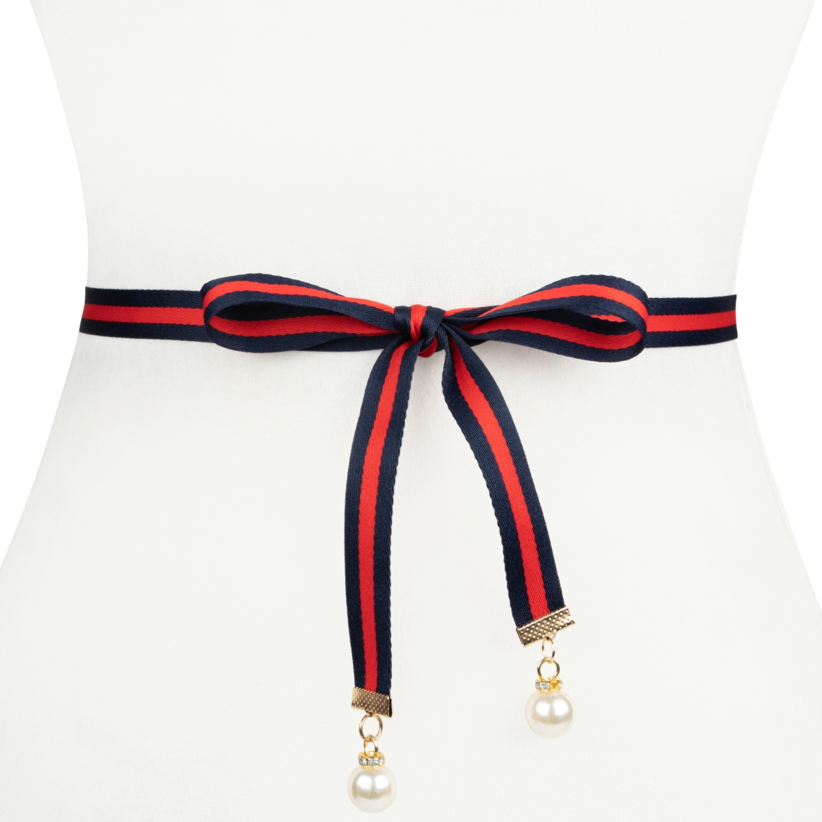 Wj41nr Womens Designer Pearl Ribbon Belt, Navy & Red - Extra Small & Extra Large