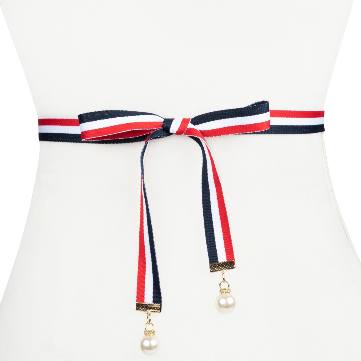 Wj41rwn Womens Designer Pearl Ribbon Belt - Red, White & Navy - Extra Small & Extra Large