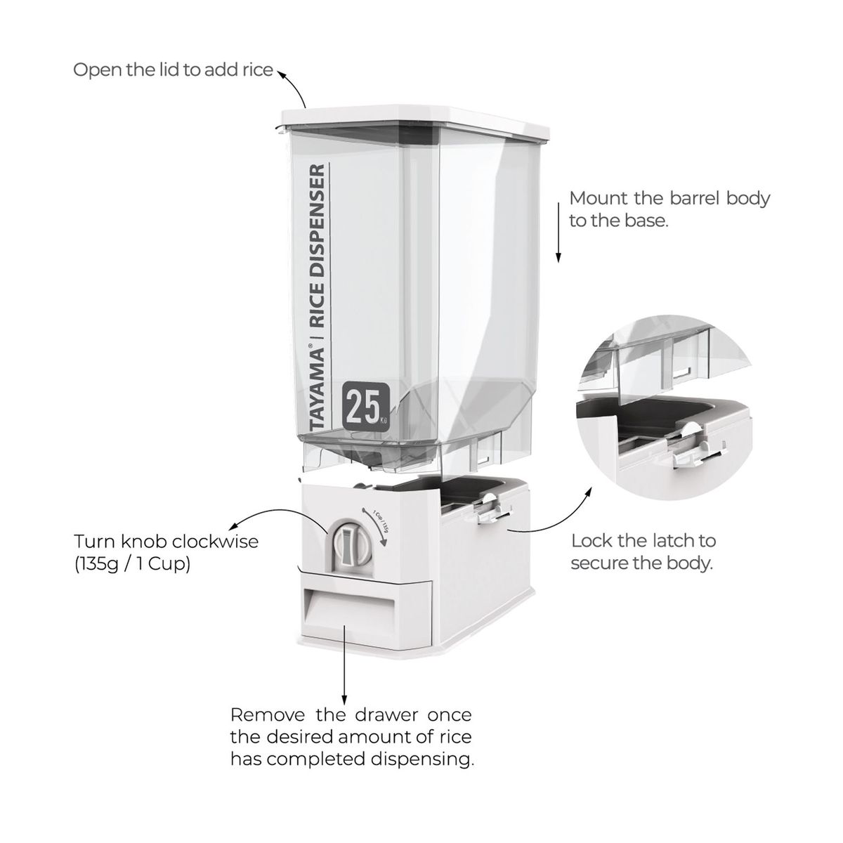 Picture of Tayama TRD-155 55 lbs Rice Dispenser Grain Storage Container, White