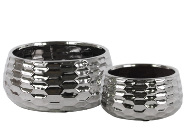 42907 Ceramic Round Bowl-shaped Pot With Honey Comb Design, Polished Chrome Finish - Silver, Set Of 2