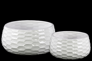 42908 Ceramic Round Bowl-shaped Pot With Honey Comb Design, Gloss Finish - White, Set Of 2