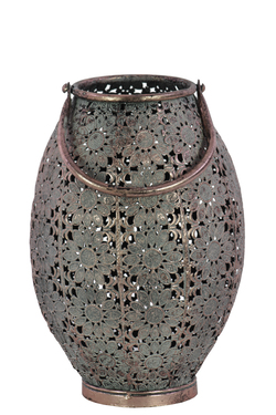 41006 Small Metal Round Lantern With Floral Pierced Metal Design Body & Handle, Pewter