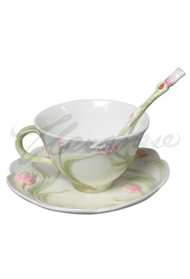 Veronese Design Ap20057ya Porcelain White Cup & Saucer With Spoon Pink Tulip Motif