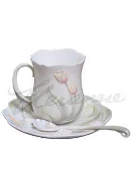 Veronese Design Ap20071ya Porcelain Cup Saucer Spoon Pink Tulip Butterfly White