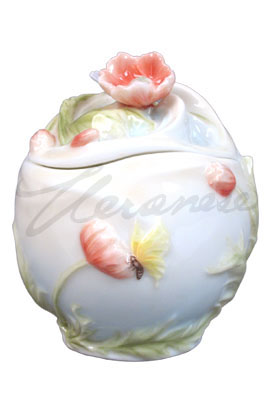 Veronese Design Ap20135ca Porcelain Condiment Jar Poppy Lid Butterfly Motif Glazed