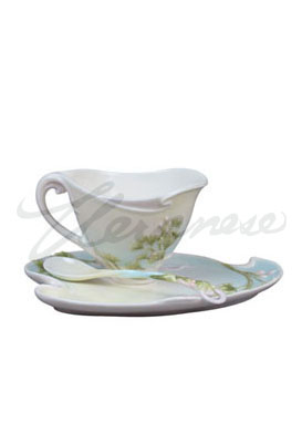 Veronese Design Ap20196ya Porcelain Coffee Set With Ginkgo Motif White Glazed - 3 Pieces