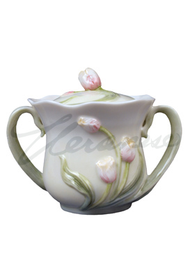 Porcelain Sugar Bowl, Tulip Lid, Tulip Blooms - Glazed White