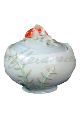Veronese Design Ap20220aa Ceramic Koi Sugar Bowl With Koi Lid Pale Blue Glazed