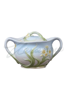 Porcelain Sugar Bowl With Lilies & Leaves, Pale Blue