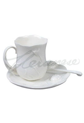 Veronese Design Ap20071yb Porcelain Cup Saucer Spoon Tulip Leaf Motif Glazed - White