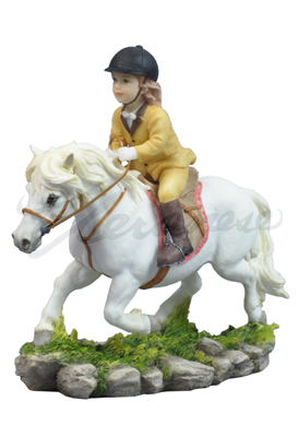 Little Girl Riding Trotting Pony Statue Figurine, Multicolor