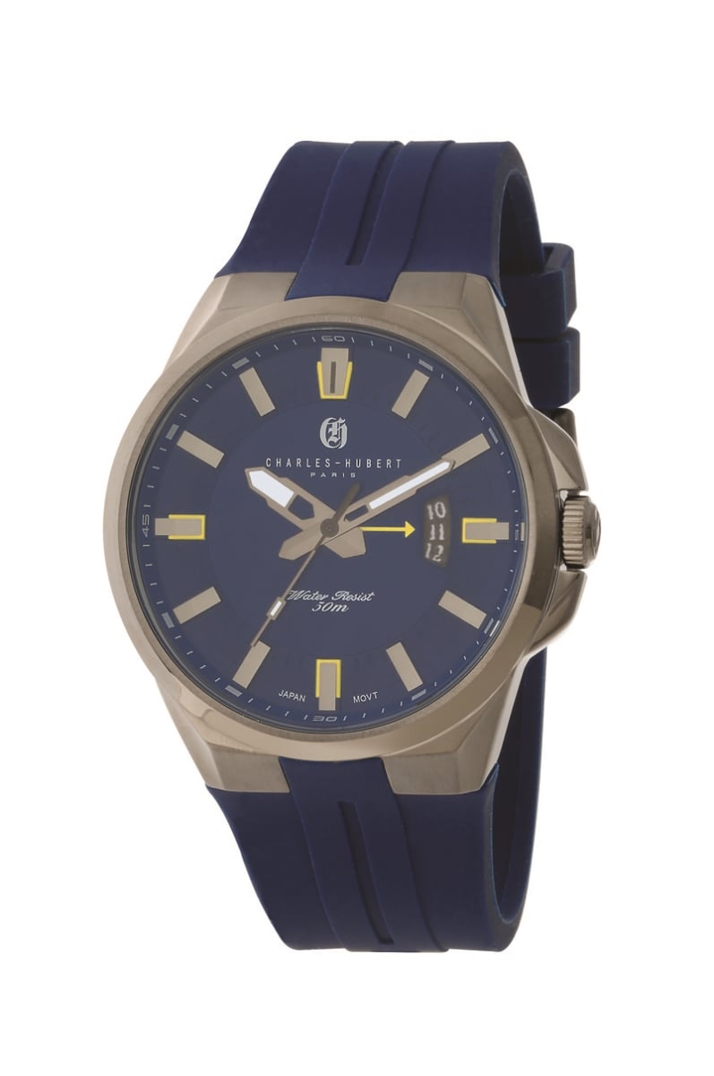 44 mm Stainless Steel Quartz Watch with Silicone Band, Blue