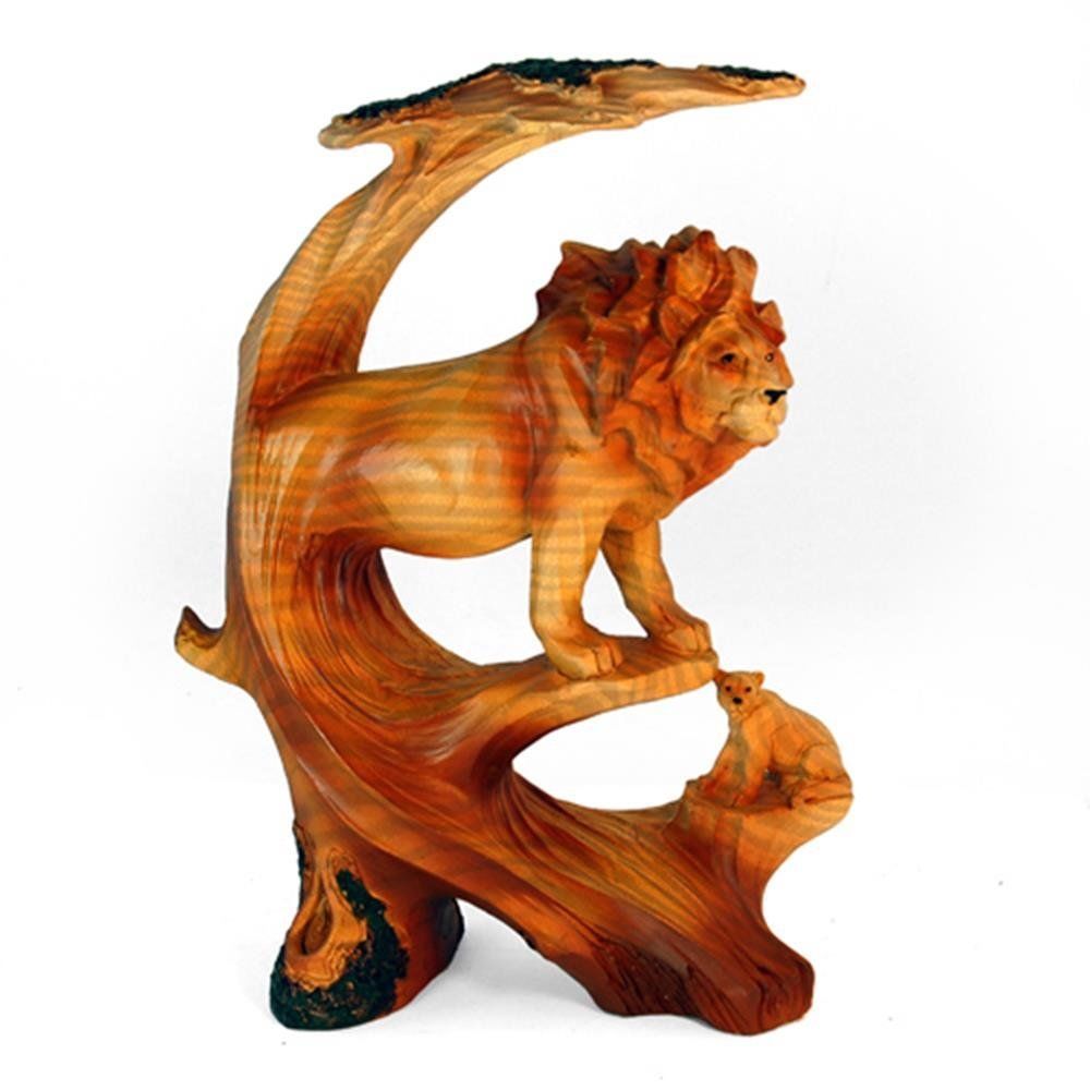 Mme-692 9 In. Lion Scene Animal Carving Faux Wood Decorative Figurine, Brown
