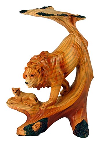 Mme-695 6.75 In. Lion Scene Carving Faux Wood Decorative Figurine, Brown