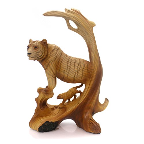Mme-691 9 In. Tiger Scene Animal Carving Faux Wood Decorative Figurine, Brown