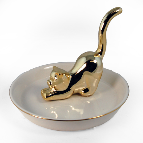 5 In. Ceramic Ring Holder With Gold Kitten Figurine