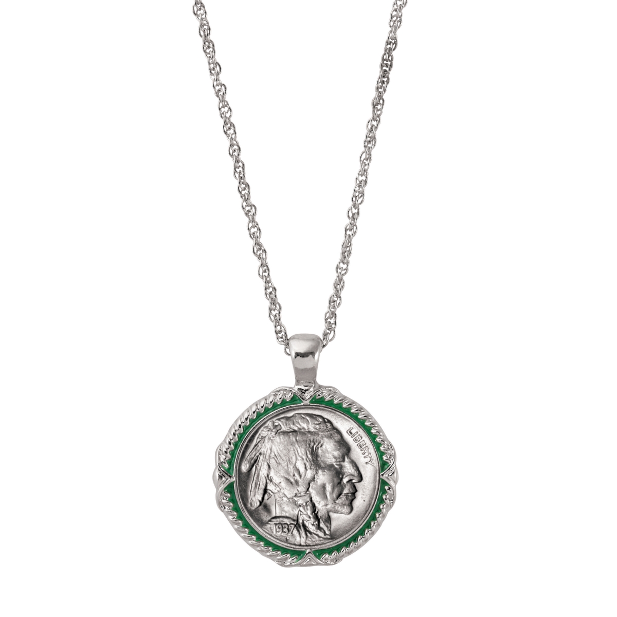 13385 Buffalo Nickel Green Enamel Coin Pendant Necklace