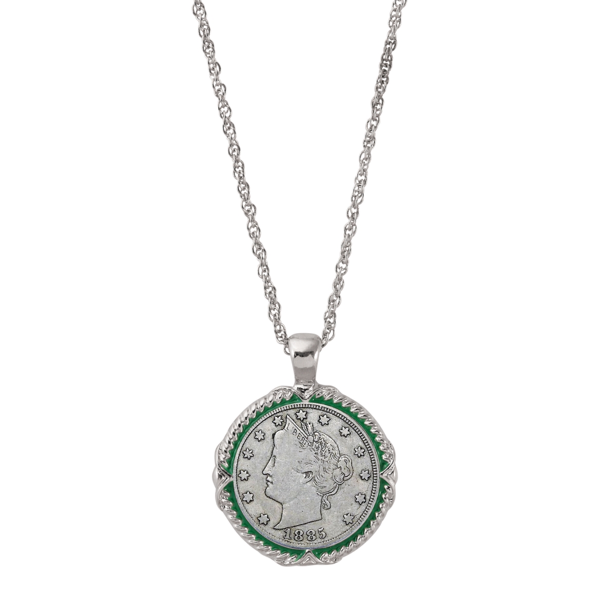 14133 1800s Liberty Nickel Green Enamel Coin Pendant Necklace