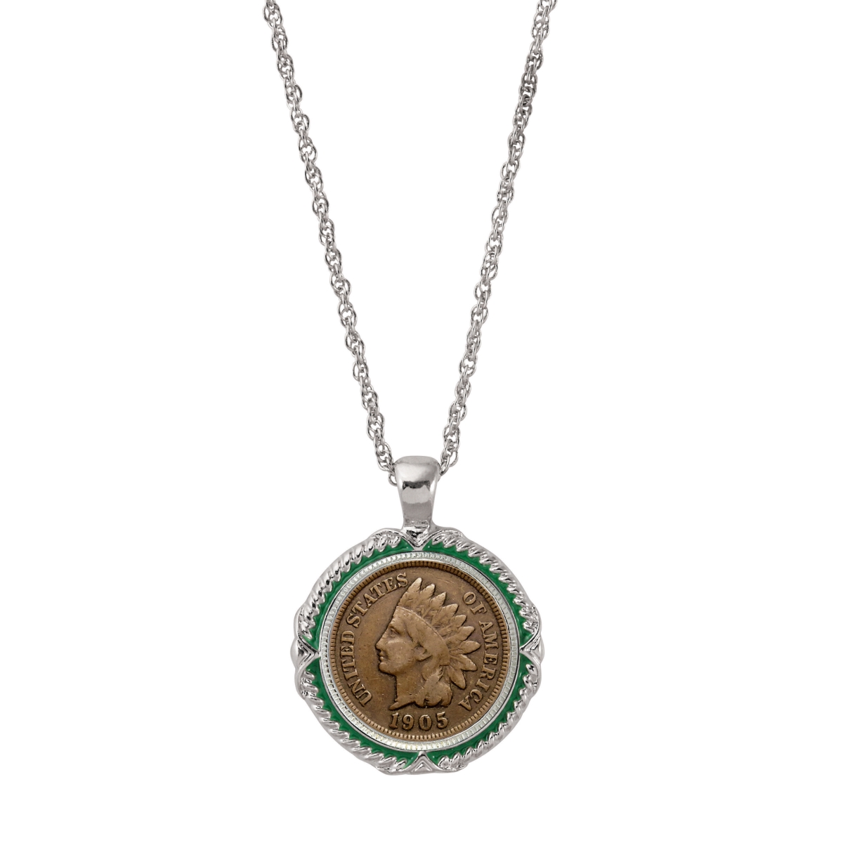 14134 Indian Head Penny Green Enamel Coin Pendant Necklace