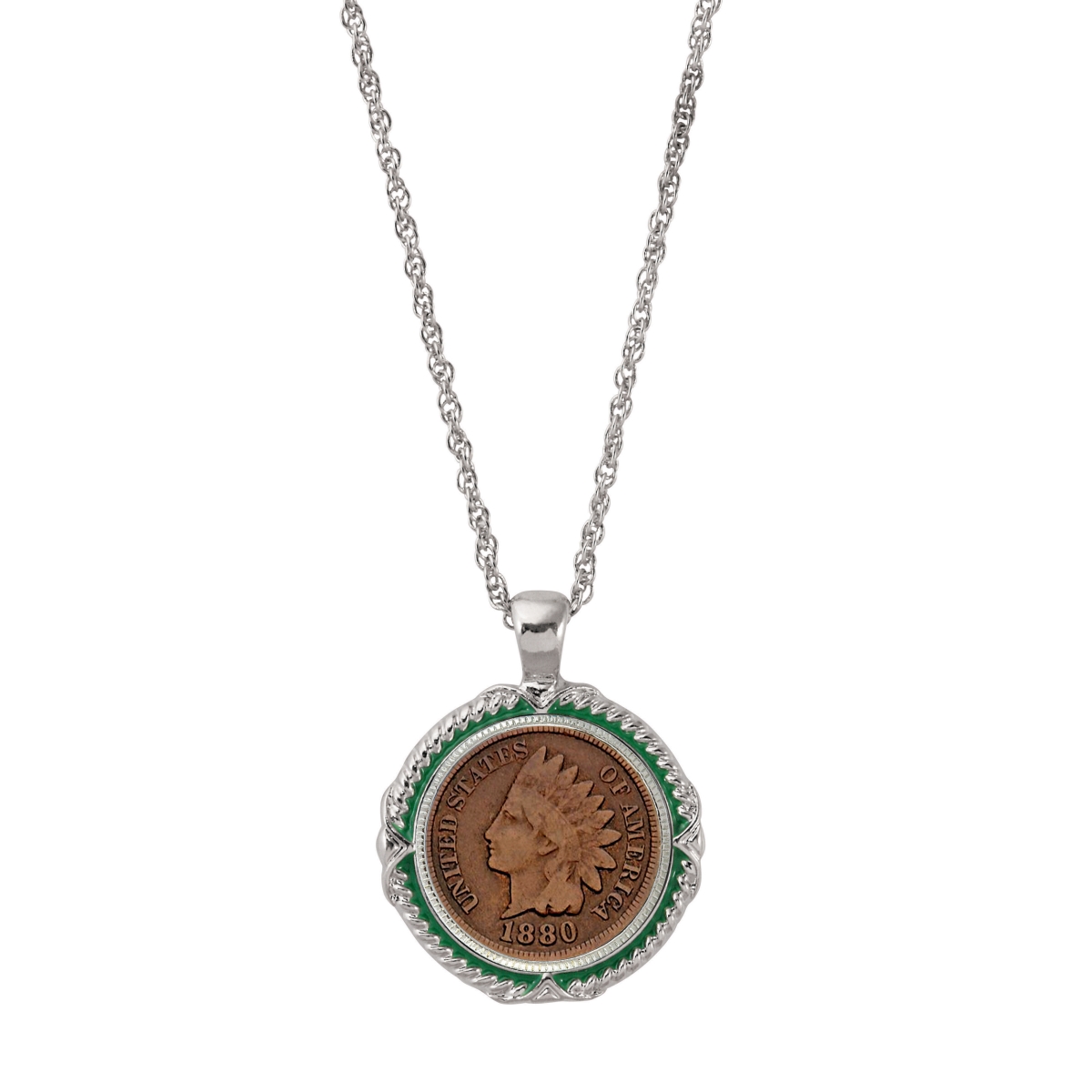 14135 1800s Indian Head Penny Green Enamel Coin Pendant Necklace