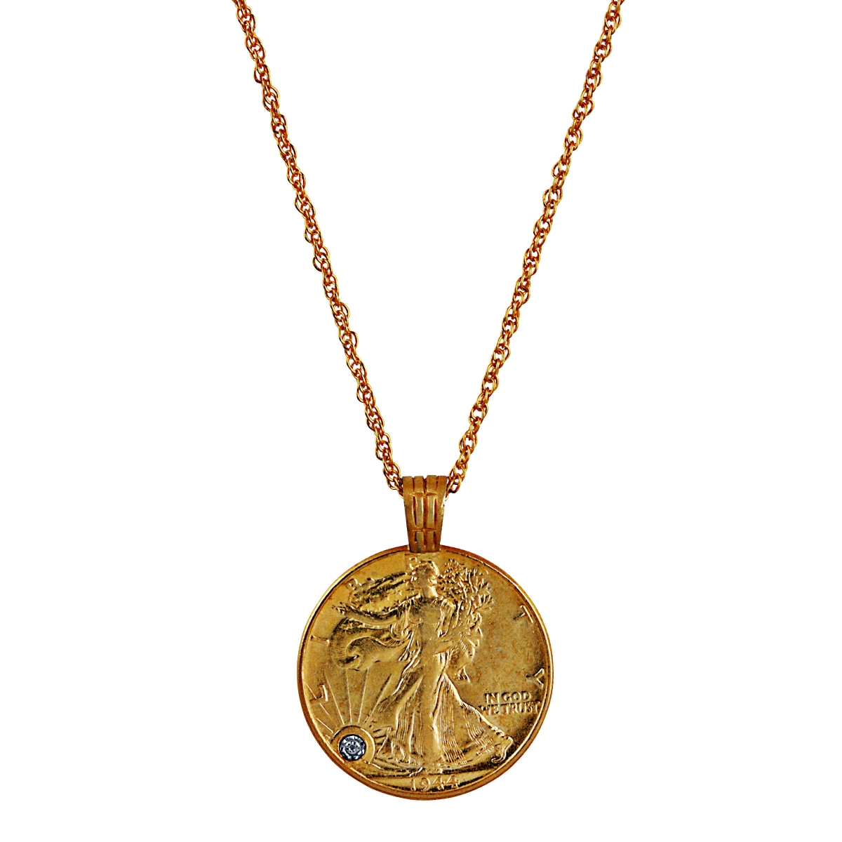 6040 Silver Walking Liberty Half Dollar Gold Layered Coin Pendant With Diamond Chip